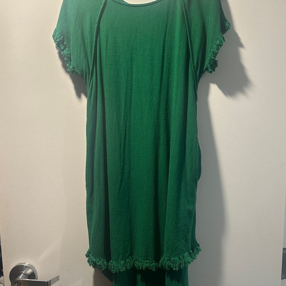 Green Short Sleeve hi low Dress with Fringe Hem